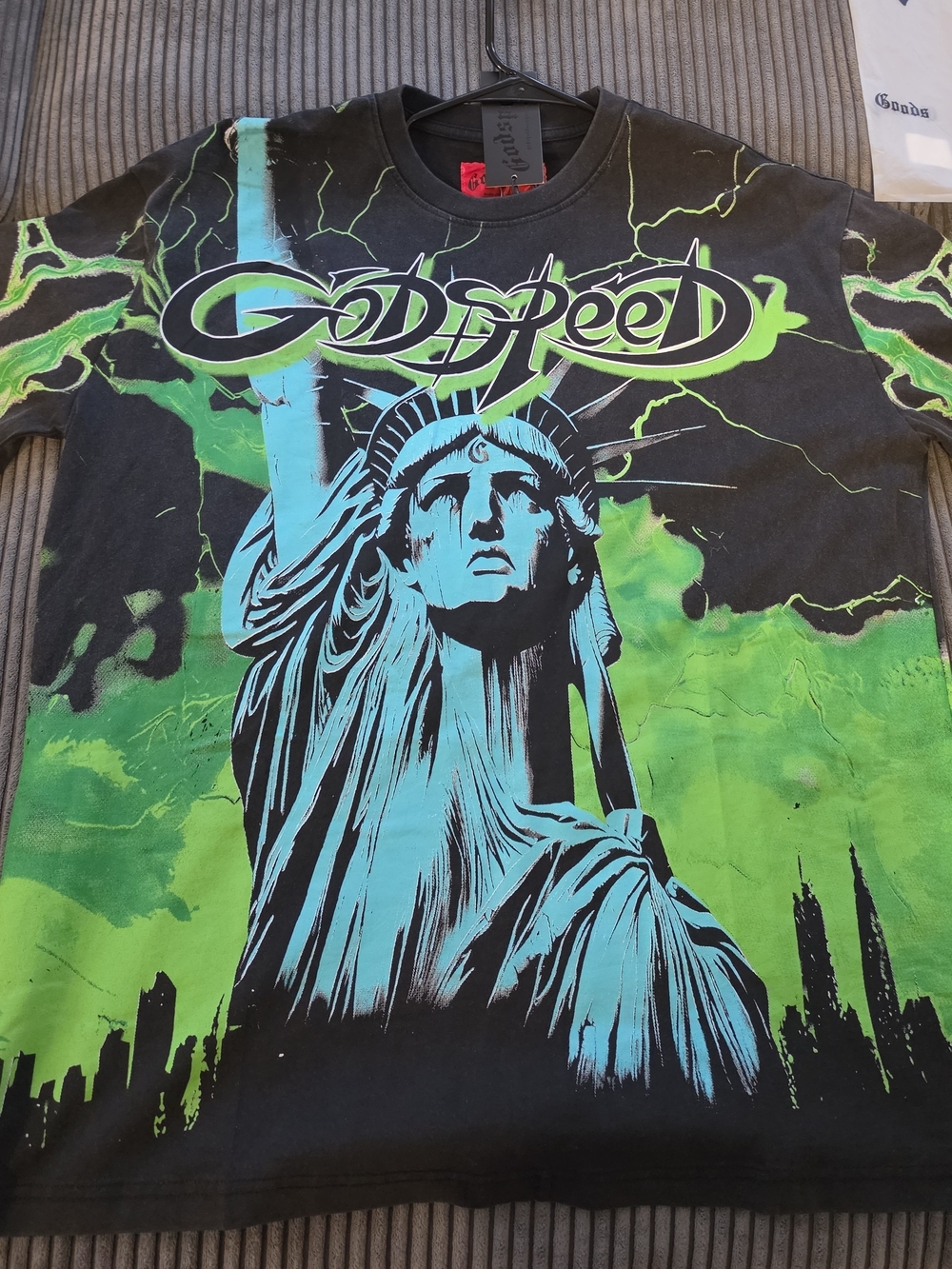 Godspeed Men’s Black Short Sleeve Tee with Green & Turquoise Statue Graphic